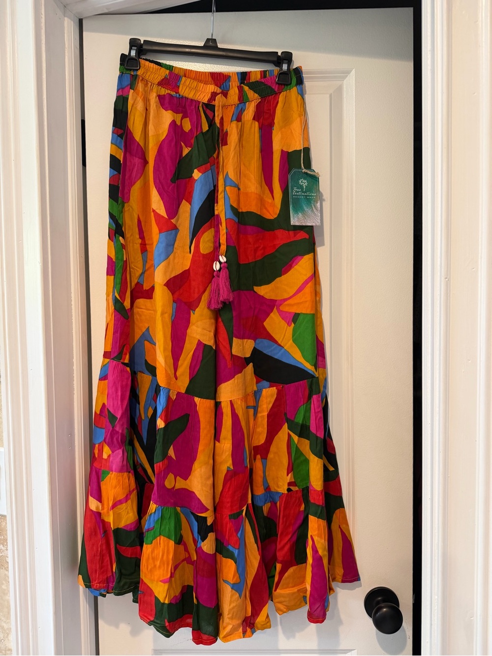 Resortwear Boho Multicolor Flowy Pants with Tassel Tie - Size Large